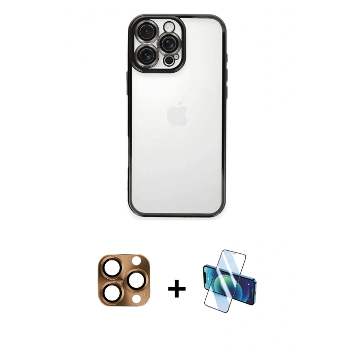 MARSİLYAN™- iPhone 16 Pro Max Kılıf Vadi Minimal - Siyah 3D Antistatik Seramik Nano Ekran Koruyucu + Çöl Titanyum Pers Alüminyum Kamera Lens