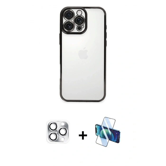 MARSİLYAN™- iPhone 16 Pro Max Kılıf Vadi Minimal - Siyah 3D Antistatik Seramik Nano Ekran Koruyucu + Gümüş Pers Alüminyum Kamera Lens