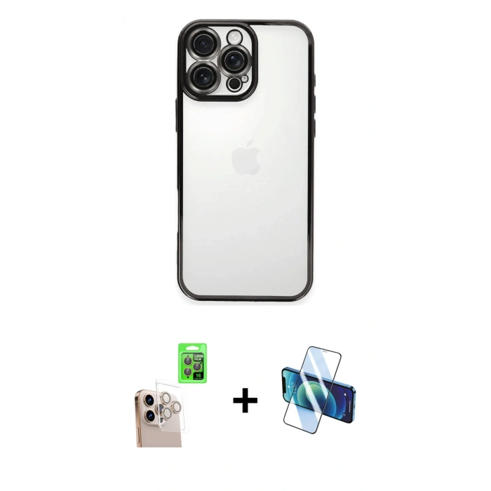 MARSİLYAN™- iPhone 16 Pro Max Kılıf Vadi Minimal - Siyah 3D Antistatik Seramik Nano Ekran Koruyucu + Raze Metal Kamera Lens - NLGY