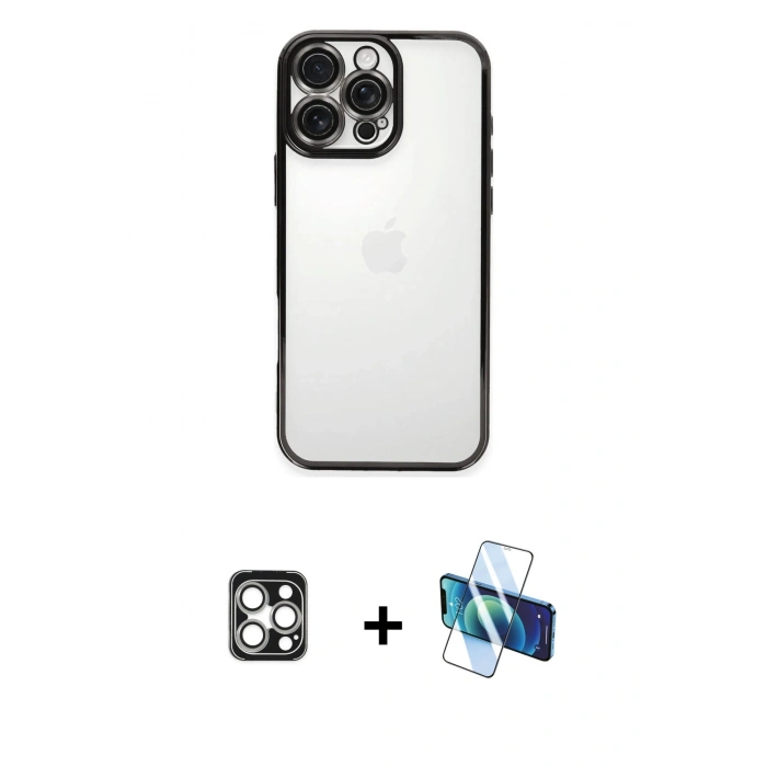 MARSİLYAN™- iPhone 16 Pro Max Kılıf Vadi Minimal - Siyah 3D Antistatik Seramik Nano Ekran Koruyucu + PVD Metal Kamera Lens - GS