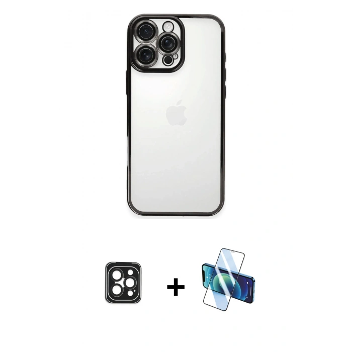 MARSİLYAN™- iPhone 16 Pro Max Kılıf Vadi Minimal - Siyah 3D Antistatik Seramik Nano Ekran Koruyucu + PVD Metal Kamera Lens - SH