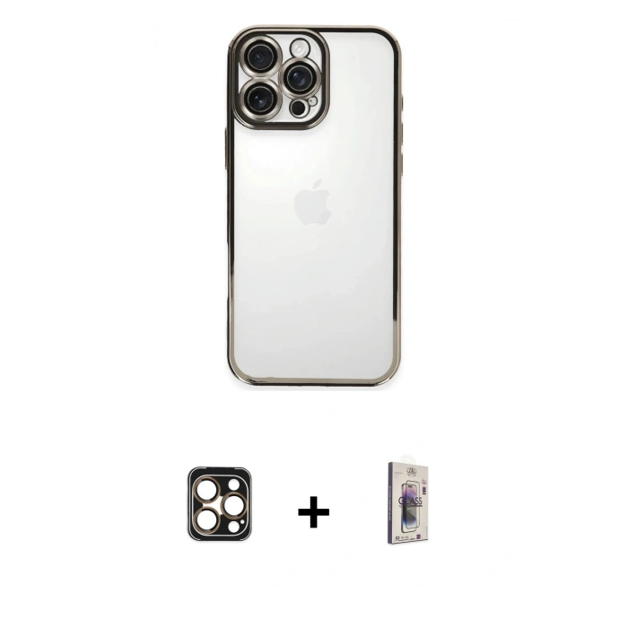 MARSİLYAN™- iPhone 16 Pro Max Kılıf Vadi Minimal - Siyah Bilvis 3D Cam Ekran Koruyucu + PVD Metal Kamera Lens - GD