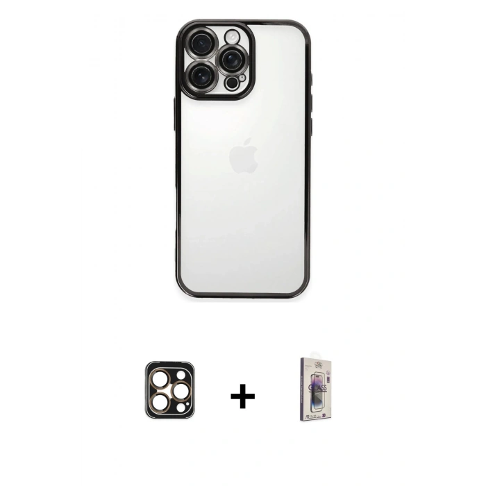 MARSİLYAN™- iPhone 16 Pro Max Kılıf Vadi Minimal - Siyah Bilvis 3D Cam Ekran Koruyucu + PVD Metal Kamera Lens - GD