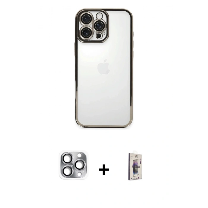 MARSİLYAN™- iPhone 16 Pro Max Kılıf Vadi Minimal - Siyah Bilvis 3D Cam Ekran Koruyucu + Gri Pers Alüminyum Kamera Lens