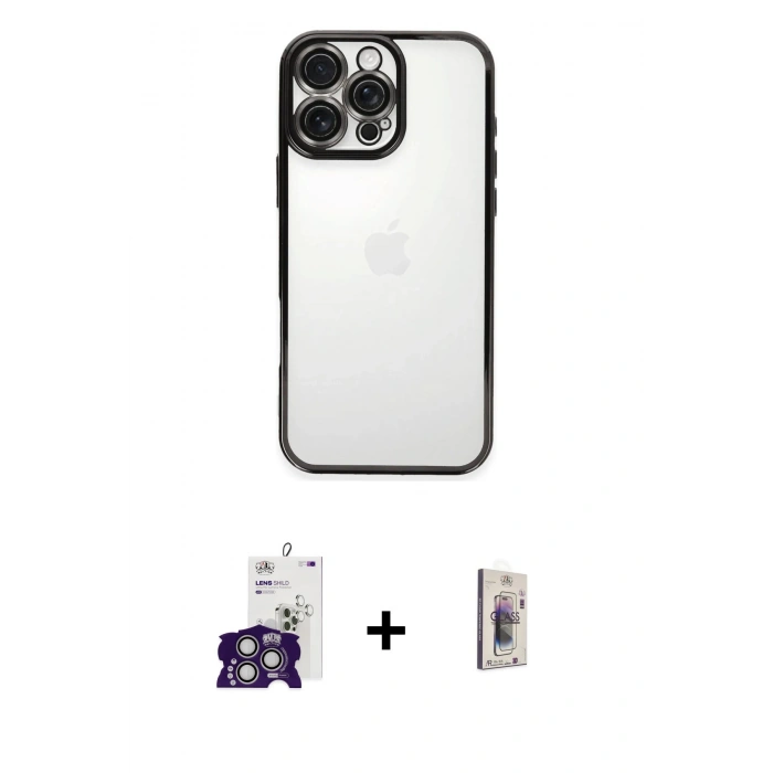 MARSİLYAN™- iPhone 16 Pro Max Kılıf Vadi Minimal - Siyah Bilvis 3D Cam Ekran Koruyucu + Bilvis Titan Kamera Lens - GS