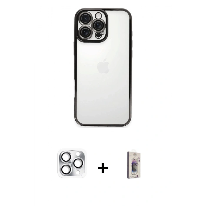 MARSİLYAN™- iPhone 16 Pro Max Kılıf Vadi Minimal - Siyah Bilvis 3D Cam Ekran Koruyucu + Pers Alüminyum Kamera Lens - GS