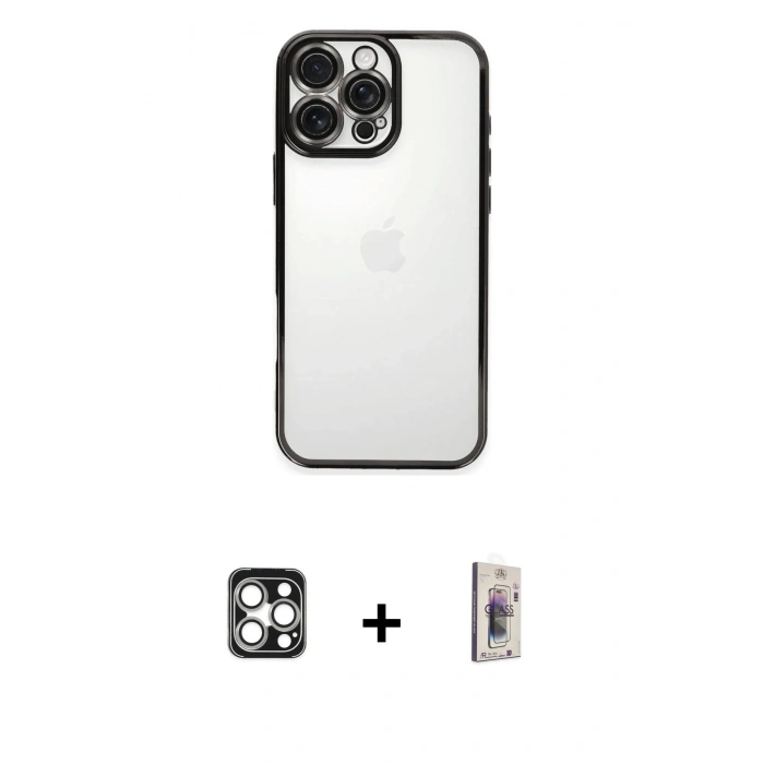 MARSİLYAN™- iPhone 16 Pro Max Kılıf Vadi Minimal - Siyah Bilvis 3D Cam Ekran Koruyucu + PVD Metal Kamera Lens - GS