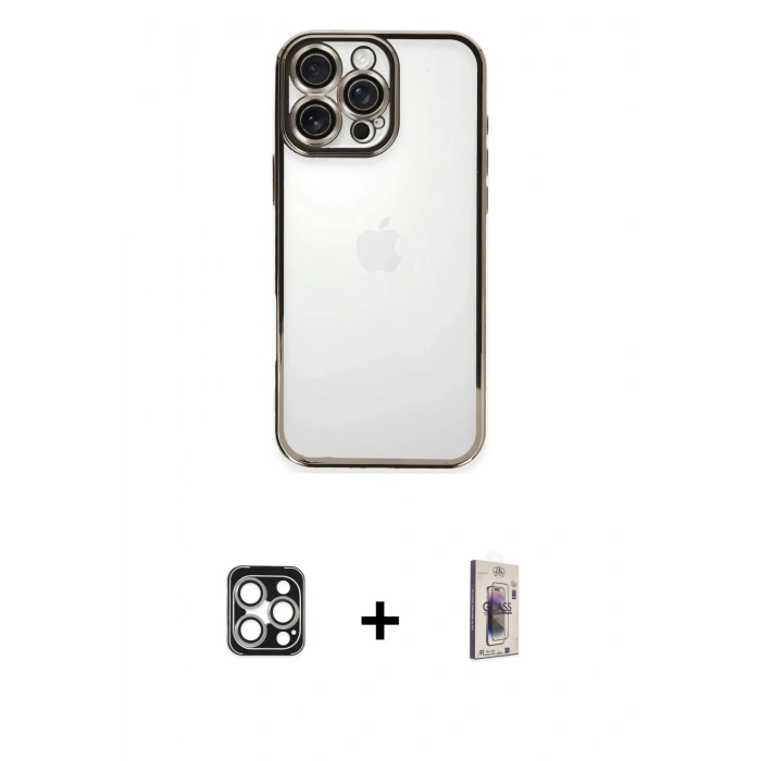 MARSİLYAN™- iPhone 16 Pro Max Kılıf Vadi Minimal - Siyah Bilvis 3D Cam Ekran Koruyucu + PVD Metal Kamera Lens - GS