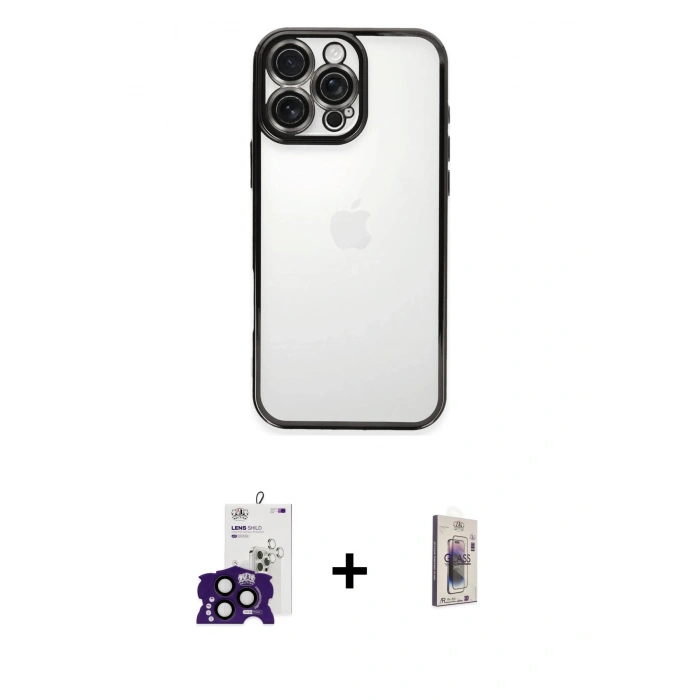 MARSİLYAN™- iPhone 16 Pro Max Kılıf Vadi Minimal - Siyah Bilvis 3D Cam Ekran Koruyucu + Siyah Bilvis Titan Kamera Lens