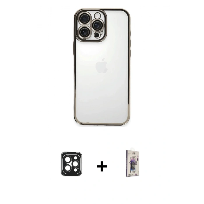 MARSİLYAN™- iPhone 16 Pro Max Kılıf Vadi Minimal - Siyah Bilvis 3D Cam Ekran Koruyucu + PVD Metal Kamera Lens - SH