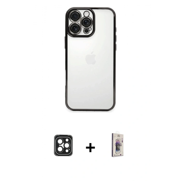MARSİLYAN™- iPhone 16 Pro Max Kılıf Vadi Minimal - Siyah Bilvis 3D Cam Ekran Koruyucu + PVD Metal Kamera Lens - SH