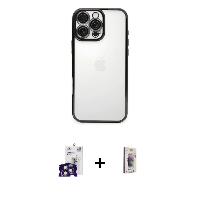 MARSİLYAN™- iPhone 16 Pro Max Kılıf Vadi Minimal - Siyah Bilvis 3D Cam Ekran Koruyucu + Bilvis Titan Kamera Lens - TMGI