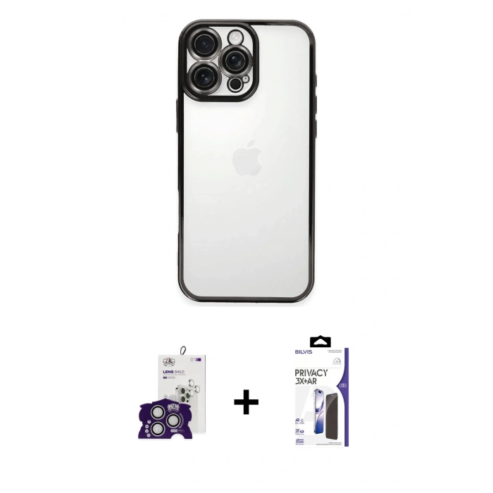 MARSİLYAN™- iPhone 16 Pro Max Kılıf Vadi Minimal - Siyah Bilvis 3X AR Hayalet Cam Ekran Koruyucu + Bilvis Titan Kamera Lens - GS