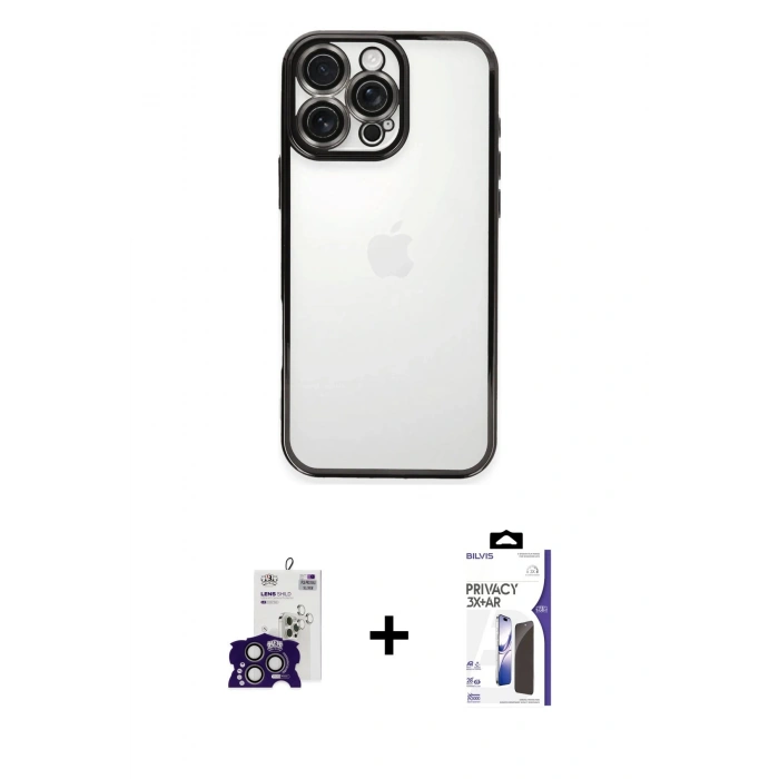 MARSİLYAN™- iPhone 16 Pro Max Kılıf Vadi Minimal - Siyah Bilvis 3X AR Hayalet Cam Ekran Koruyucu + Bilvis Titan Kamera Lens - TMGI