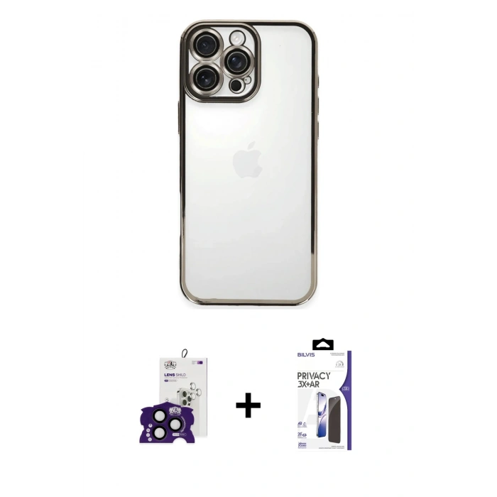 MARSİLYAN™- iPhone 16 Pro Max Kılıf Vadi Minimal - Siyah Bilvis 3X AR Hayalet Cam Ekran Koruyucu + Bilvis Titan Kamera Lens - SH