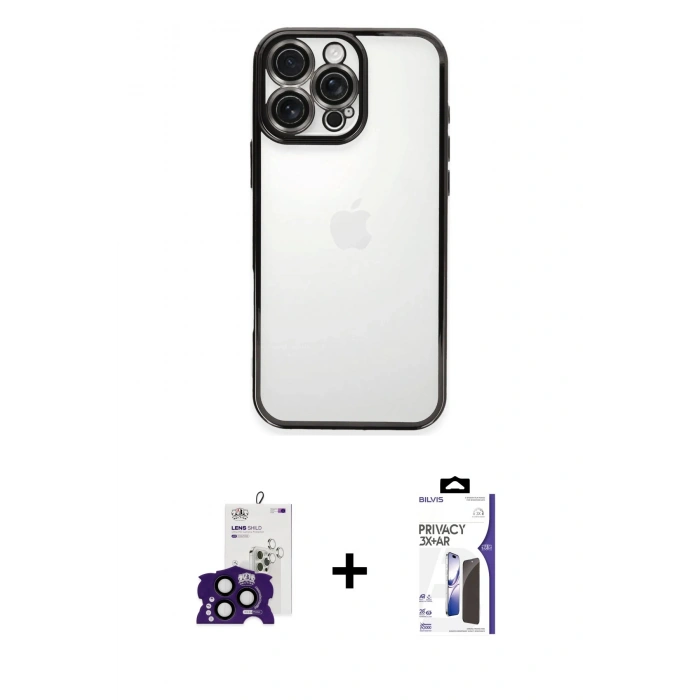 MARSİLYAN™- iPhone 16 Pro Max Kılıf Vadi Minimal - Siyah Bilvis 3X AR Hayalet Cam Ekran Koruyucu + Bilvis Titan Kamera Lens - SH