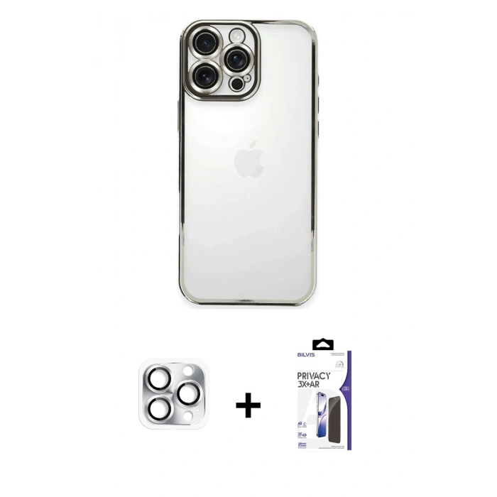 MARSİLYAN™- iPhone 16 Pro Max Kılıf Vadi Minimal - Siyah Bilvis 3X AR Hayalet Cam Ekran Koruyucu + Pers Alüminyum Kamera Lens - GS