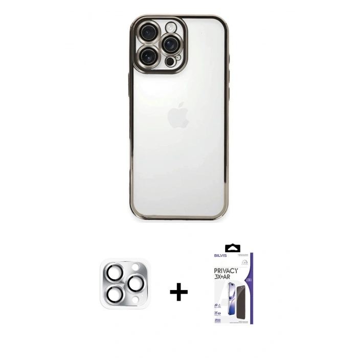 MARSİLYAN™- iPhone 16 Pro Max Kılıf Vadi Minimal - Siyah Bilvis 3X AR Hayalet Cam Ekran Koruyucu + Pers Alüminyum Kamera Lens - GS