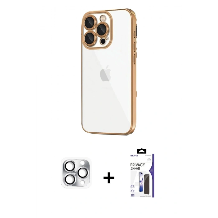 MARSİLYAN™- iPhone 16 Pro Max Kılıf Vadi Minimal - Siyah Bilvis 3X AR Hayalet Cam Ekran Koruyucu + Pers Alüminyum Kamera Lens - GS