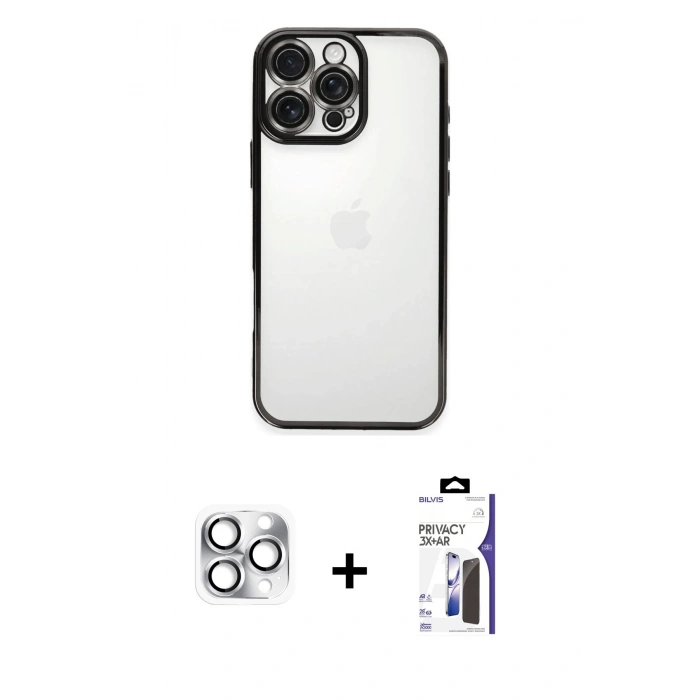 MARSİLYAN™- iPhone 16 Pro Max Kılıf Vadi Minimal - Siyah Bilvis 3X AR Hayalet Cam Ekran Koruyucu + Pers Alüminyum Kamera Lens - GS