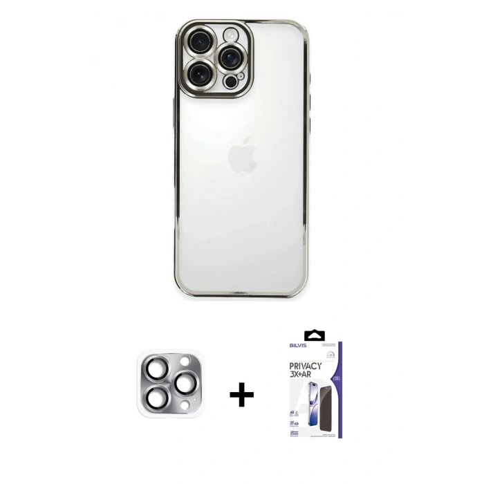 MARSİLYAN™- iPhone 16 Pro Max Kılıf Vadi Minimal - Siyah Bilvis 3X AR Hayalet Cam Ekran Koruyucu + Pers Alüminyum Kamera Lens - GI