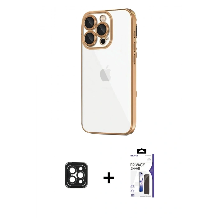 MARSİLYAN™- iPhone 16 Pro Max Kılıf Vadi Minimal - Siyah Bilvis 3X AR Hayalet Cam Ekran Koruyucu + PVD Metal Kamera Lens - SH