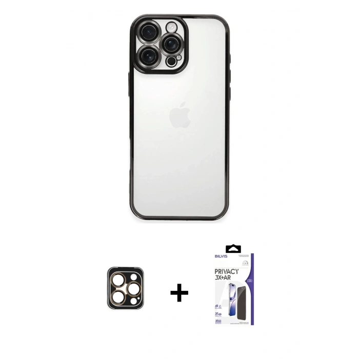MARSİLYAN™- iPhone 16 Pro Max Kılıf Vadi Minimal - Siyah Bilvis 3X AR Hayalet Cam Ekran Koruyucu + PVD Metal Kamera Lens - GD