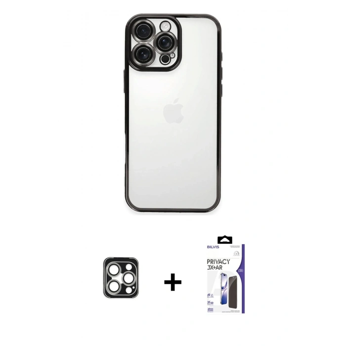 MARSİLYAN™- iPhone 16 Pro Max Kılıf Vadi Minimal - Siyah Bilvis 3X AR Hayalet Cam Ekran Koruyucu + PVD Metal Kamera Lens - GS
