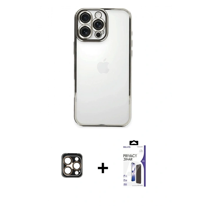 MARSİLYAN™- iPhone 16 Pro Max Kılıf Vadi Minimal - Siyah Bilvis 3X AR Hayalet Cam Ekran Koruyucu + PVD Metal Kamera Lens - GD
