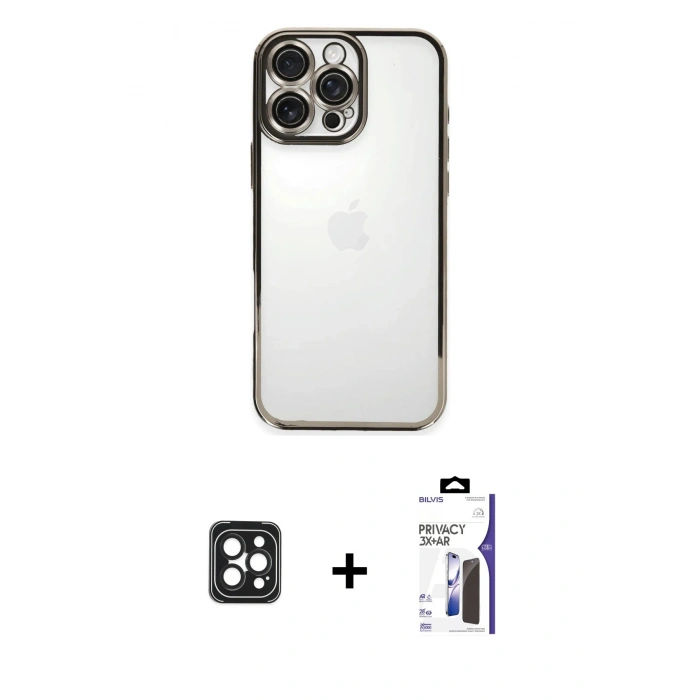 MARSİLYAN™- iPhone 16 Pro Max Kılıf Vadi Minimal - Siyah Bilvis 3X AR Hayalet Cam Ekran Koruyucu + PVD Metal Kamera Lens - SH