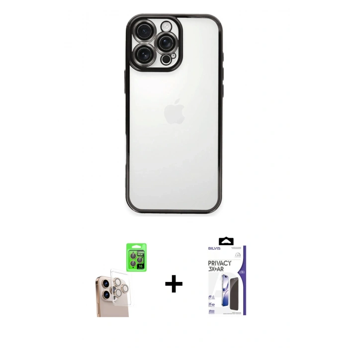 MARSİLYAN™- iPhone 16 Pro Max Kılıf Vadi Minimal - Siyah Bilvis 3X AR Hayalet Cam Ekran Koruyucu + Raze Metal Kamera Lens - NLGY