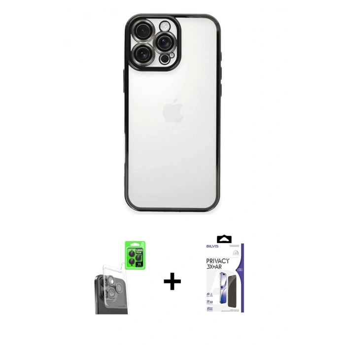 MARSİLYAN™- iPhone 16 Pro Max Kılıf Vadi Minimal - Siyah Bilvis 3X AR Hayalet Cam Ekran Koruyucu + Raze Metal Kamera Lens - SH