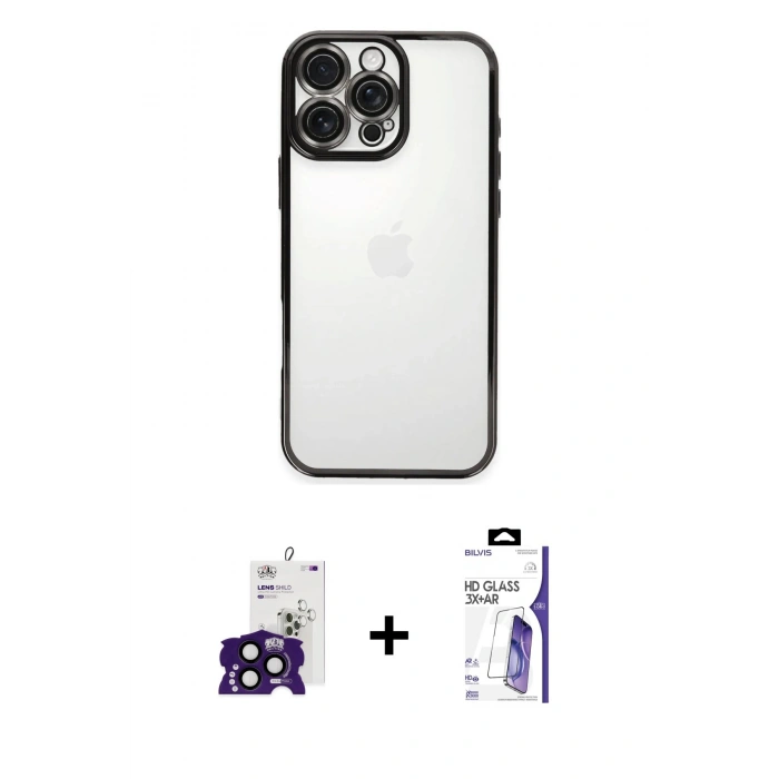 MARSİLYAN™- iPhone 16 Pro Max Kılıf Vadi Minimal - Siyah Bilvis 3X AR HD Cam Ekran Koruyucu + Bilvis Titan Kamera Lens - SH