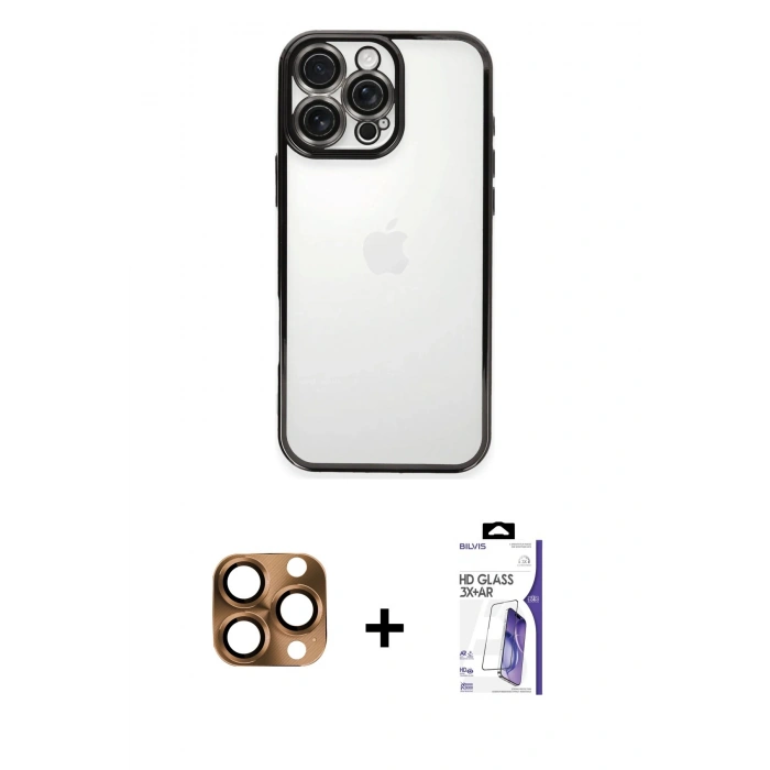 MARSİLYAN™- iPhone 16 Pro Max Kılıf Vadi Minimal - Siyah Bilvis 3X AR HD Cam Ekran Koruyucu + Pers Alüminyum Kamera Lens - CLTM