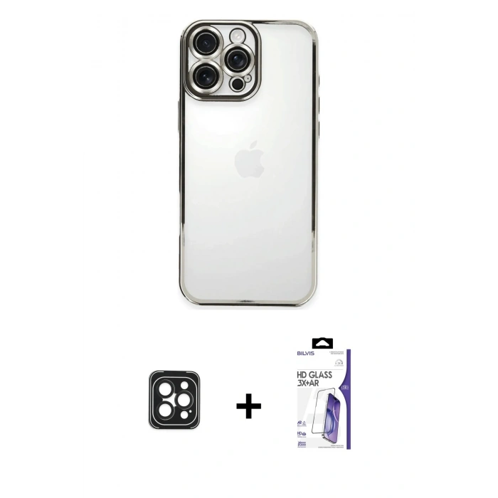 MARSİLYAN™- iPhone 16 Pro Max Kılıf Vadi Minimal - Siyah Bilvis 3X AR HD Cam Ekran Koruyucu + PVD Metal Kamera Lens - SH