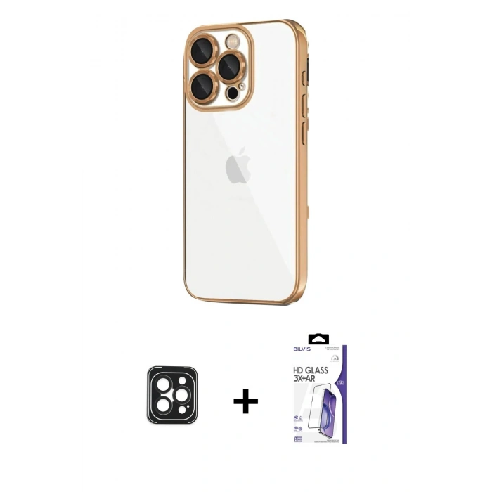 MARSİLYAN™- iPhone 16 Pro Max Kılıf Vadi Minimal - Siyah Bilvis 3X AR HD Cam Ekran Koruyucu + PVD Metal Kamera Lens - SH