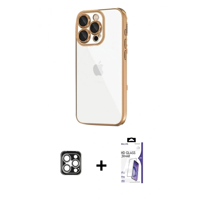 MARSİLYAN™- iPhone 16 Pro Max Kılıf Vadi Minimal - Siyah Bilvis 3X AR HD Cam Ekran Koruyucu + PVD Metal Kamera Lens - GS