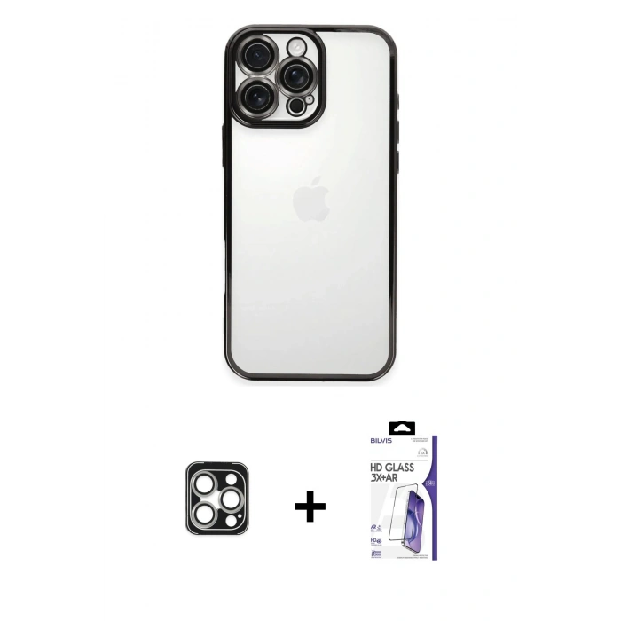 MARSİLYAN™- iPhone 16 Pro Max Kılıf Vadi Minimal - Siyah Bilvis 3X AR HD Cam Ekran Koruyucu + PVD Metal Kamera Lens - GS