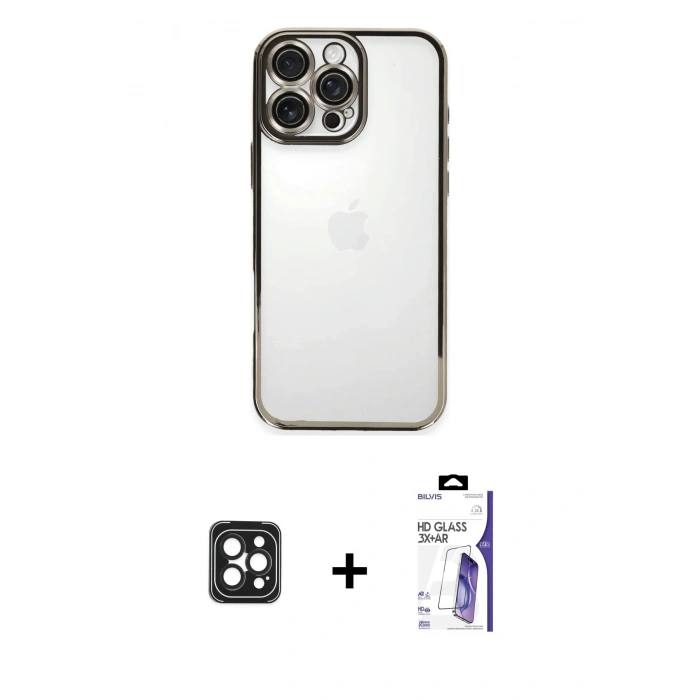 MARSİLYAN™- iPhone 16 Pro Max Kılıf Vadi Minimal - Siyah Bilvis 3X AR HD Cam Ekran Koruyucu + PVD Metal Kamera Lens - SH