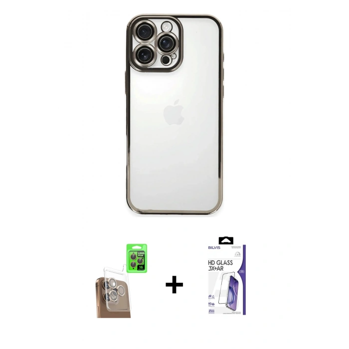 MARSİLYAN™- iPhone 16 Pro Max Kılıf Vadi Minimal - Siyah Bilvis 3X AR HD Cam Ekran Koruyucu + Raze Metal Kamera Lens - CLTM