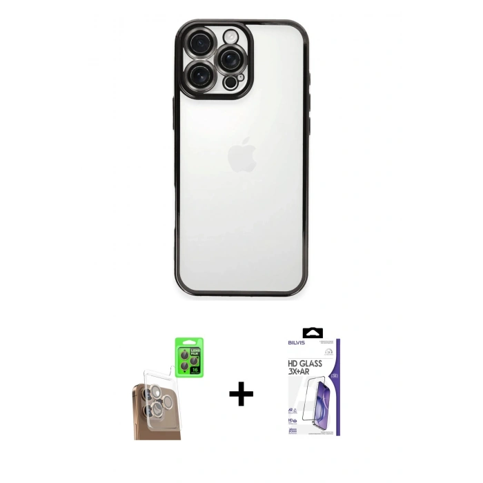 MARSİLYAN™- iPhone 16 Pro Max Kılıf Vadi Minimal - Siyah Bilvis 3X AR HD Cam Ekran Koruyucu + Raze Metal Kamera Lens - CLTM