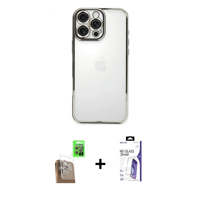 MARSİLYAN™- iPhone 16 Pro Max Kılıf Vadi Minimal - Siyah Bilvis 3X AR HD Cam Ekran Koruyucu + Raze Metal Kamera Lens - CLTM