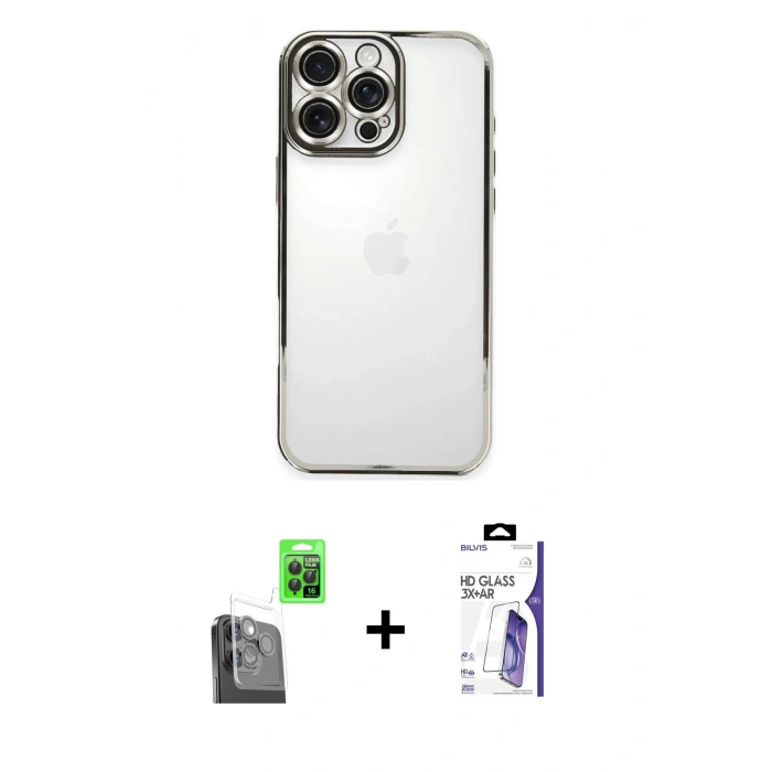 MARSİLYAN™- iPhone 16 Pro Max Kılıf Vadi Minimal - Siyah Bilvis 3X AR HD Cam Ekran Koruyucu + Raze Metal Kamera Lens - SH