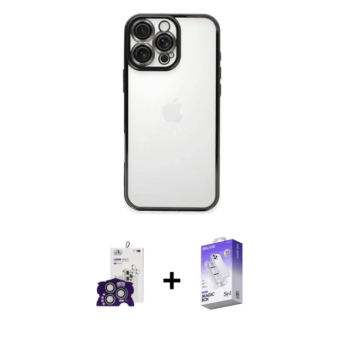 MARSİLYAN™- iPhone 16 Pro Max Kılıf Vadi Minimal - Siyah Bilvis 5in1 3D Magic Cam Ekran Koruyucu + Bilvis Titan Kamera Lens - GS