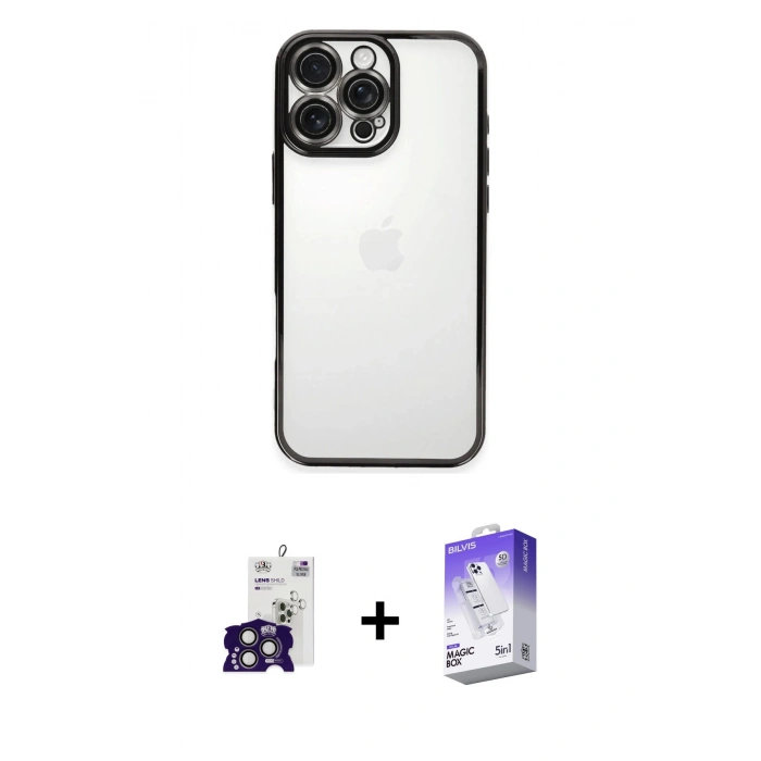MARSİLYAN™- iPhone 16 Pro Max Kılıf Vadi Minimal - Siyah Bilvis 5in1 3D Magic Cam Ekran Koruyucu + Bilvis Titan Kamera Lens - TMGI