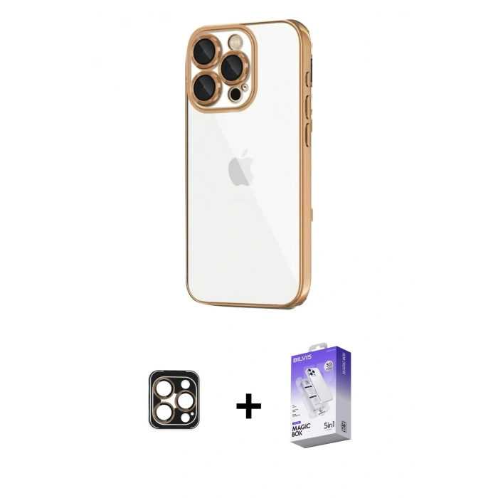 MARSİLYAN™- iPhone 16 Pro Max Kılıf Vadi Minimal - Siyah Bilvis 5in1 3D Magic Cam Ekran Koruyucu + Gold PVD Metal Kamera Lens