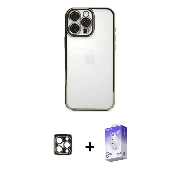 MARSİLYAN™- iPhone 16 Pro Max Kılıf Vadi Minimal - Siyah Bilvis 5in1 3D Magic Cam Ekran Koruyucu + Gold PVD Metal Kamera Lens