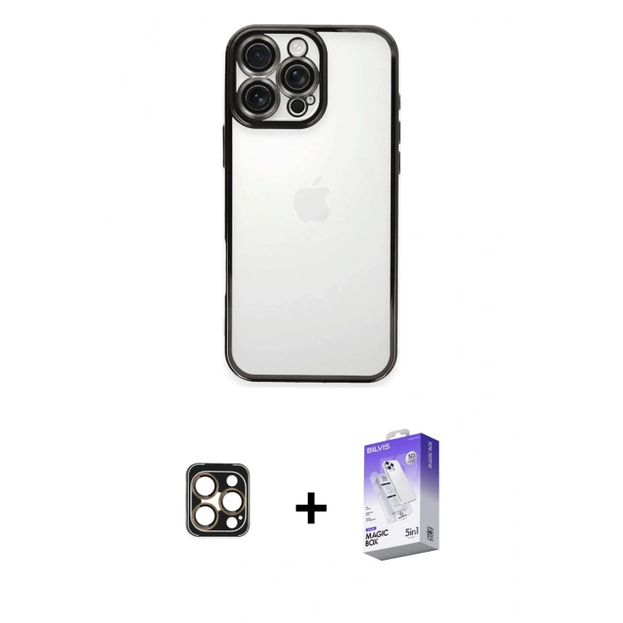 MARSİLYAN™- iPhone 16 Pro Max Kılıf Vadi Minimal - Siyah Bilvis 5in1 3D Magic Cam Ekran Koruyucu + Gold PVD Metal Kamera Lens