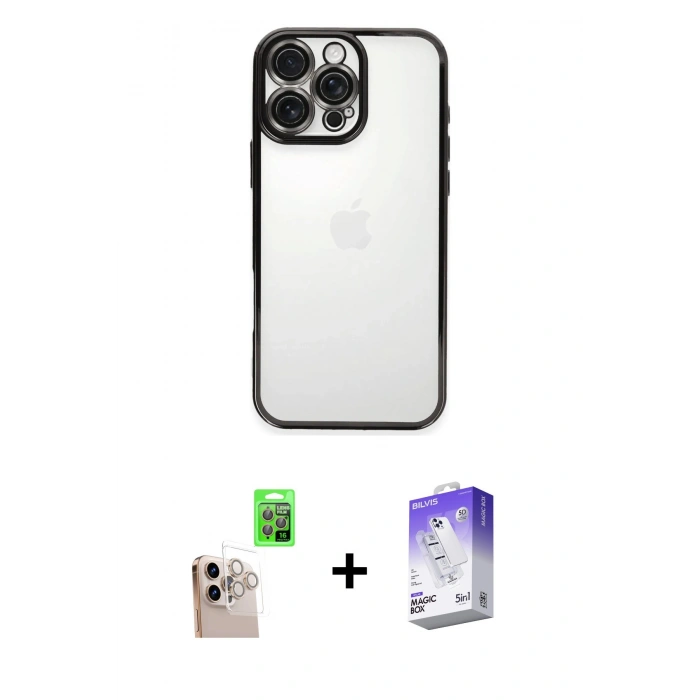 MARSİLYAN™- iPhone 16 Pro Max Kılıf Vadi Minimal - Siyah Bilvis 5in1 3D Magic Cam Ekran Koruyucu + Raze Metal Kamera Lens - NLGY