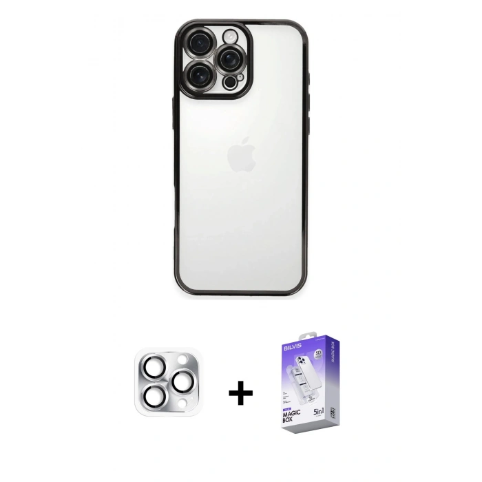 MARSİLYAN™- iPhone 16 Pro Max Kılıf Vadi Minimal - Siyah Bilvis 5in1 3D Magic Cam Ekran Koruyucu + Pers Alüminyum Kamera Lens - GS